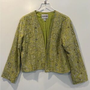 Chico's Green Silk Silver Sequin Embroidered Open Front Jacket Womens Large (BS)
